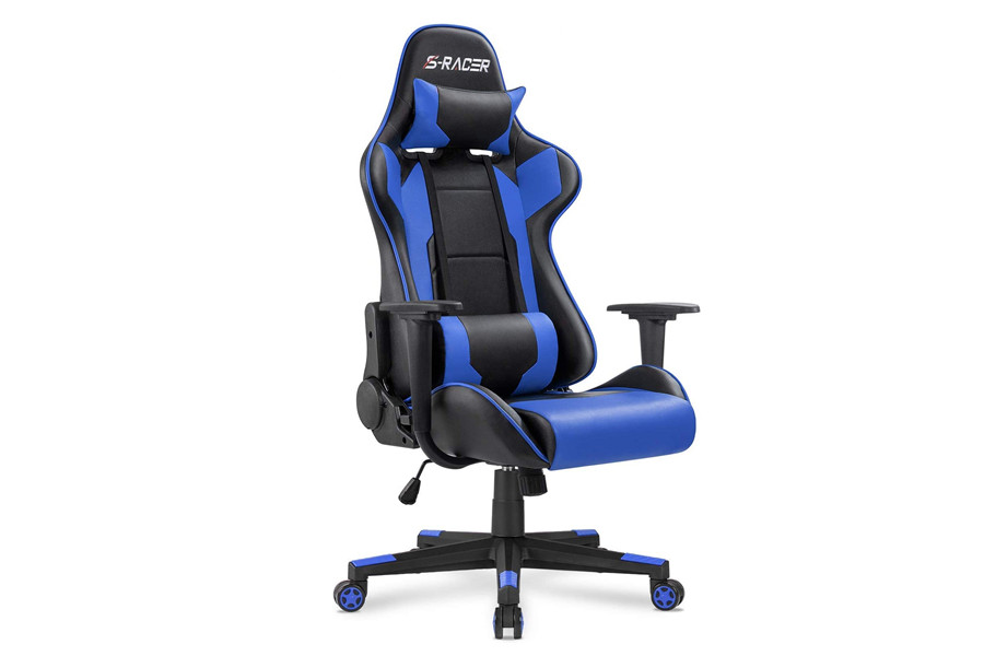 Gaming Chair PC Computer Game Chair Office Chair Desk Chair Lumbar Support with Footrest Modern Task Rolling Swivel Racing Chair-Blue