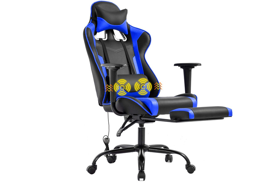 Gaming Chair Office Chair Desk Chair Massage PU Leather Recliner Racing Chair with Headrest Armrest Footrest Rolling Swivel Task PC Ergonomic Computer Chair for Back Support  Blue