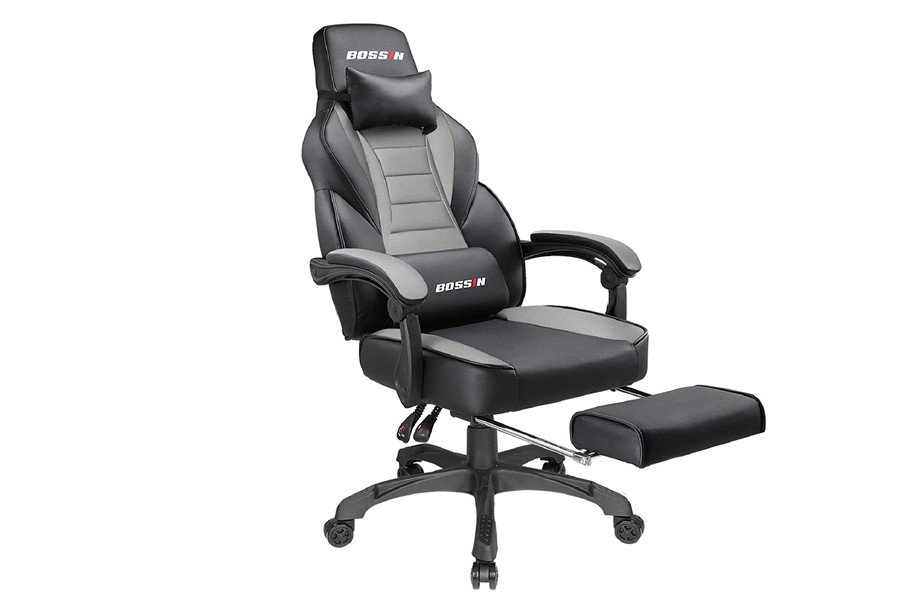 BOSSIN Gaming Chair Office Computer Desk Chair with Footrest and Headrest Racing Game Ergonomic Design Large Size High-Back E-Sports Chair PU Leather Swivel Chair Sillas Gaming (Gray)