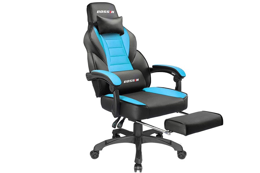 Gaming Chair Racing Style Office Ergonomic Chair High-Back PU Leather Design PC Computer Gaming Chair Adjustable Height Swivel Chair with Footrest  Headrest and Lumbar Support (Blue)