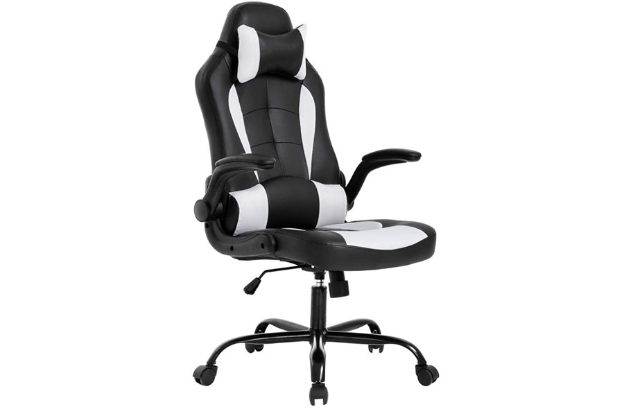 race style BestOffice PC Gaming Chair Ergonomic Office Chair Desk Chair with Lumbar Support Flip Up Arms Headrest PU Leather Executive High Back Computer Chair for Adults Women Men Black and White